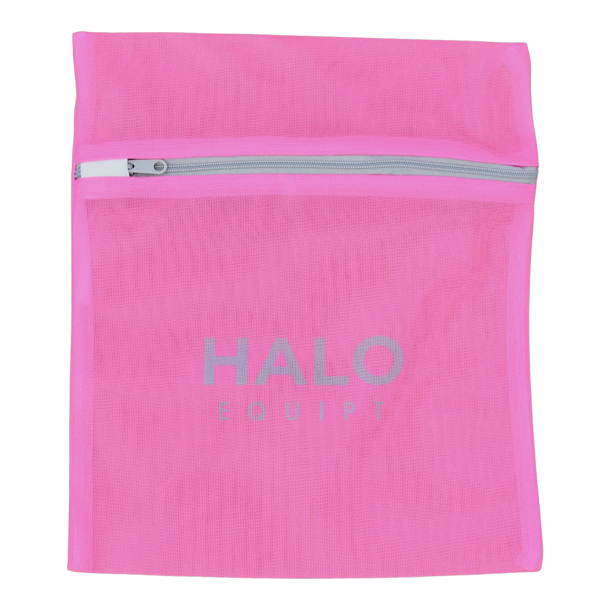 Pink HALO Wash Bag, zipped mesh with a grey zip and a pale HALO EQUIPT wordmark.