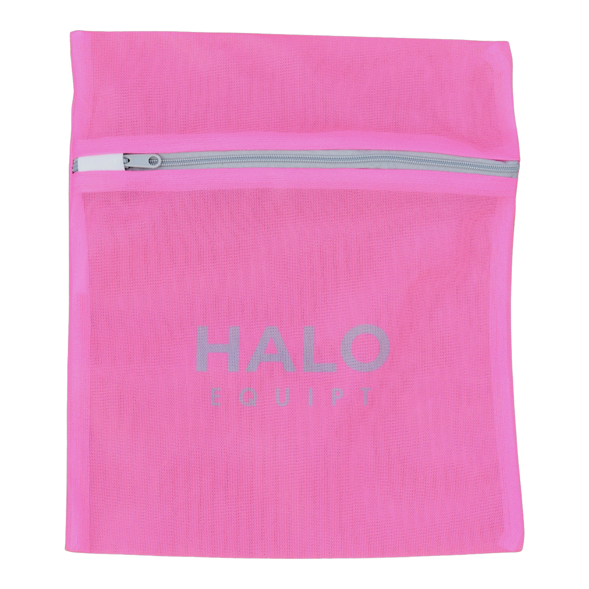 Pink HALO Wash Bag, zipped mesh with a grey zip and a pale HALO EQUIPT wordmark.